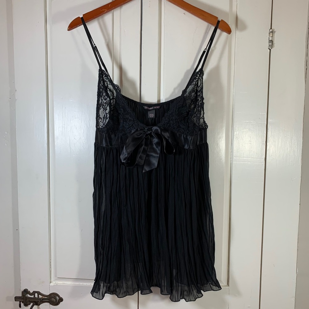 Victoria's Secret Black Lace Pleated Babydoll Chemise XL 186982-093 Festival Bow